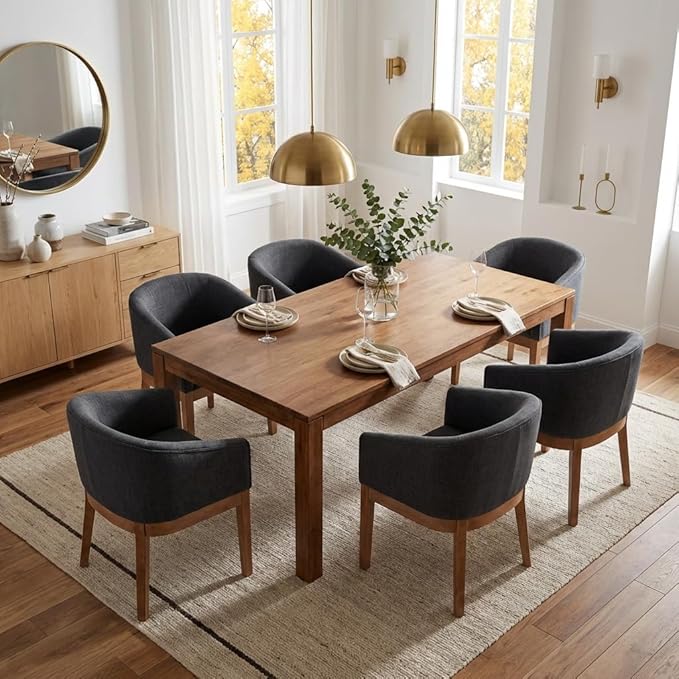 Dining Chairs Set of 6 Mid-Century Modern Dining Chairs, Linen Upholstered Kitchen Dining Room Chairs, Curved Backrest Dining Chair with Wood Legs, Charcoal