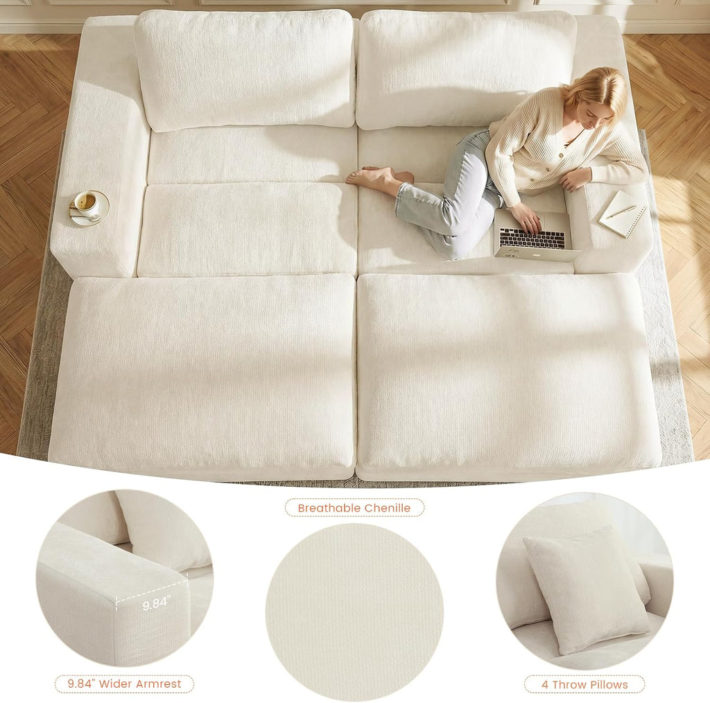81" Oversized Double Chaise Lounge, Cloud Boneless Sofa Bed, Beige | 59" Deep Seat Couch, Modular Oversized Loveseat, Soft Cloud Sofa, 4 Pillows, 10" Wider Armrests, Chaise Lounge Chair Indoor