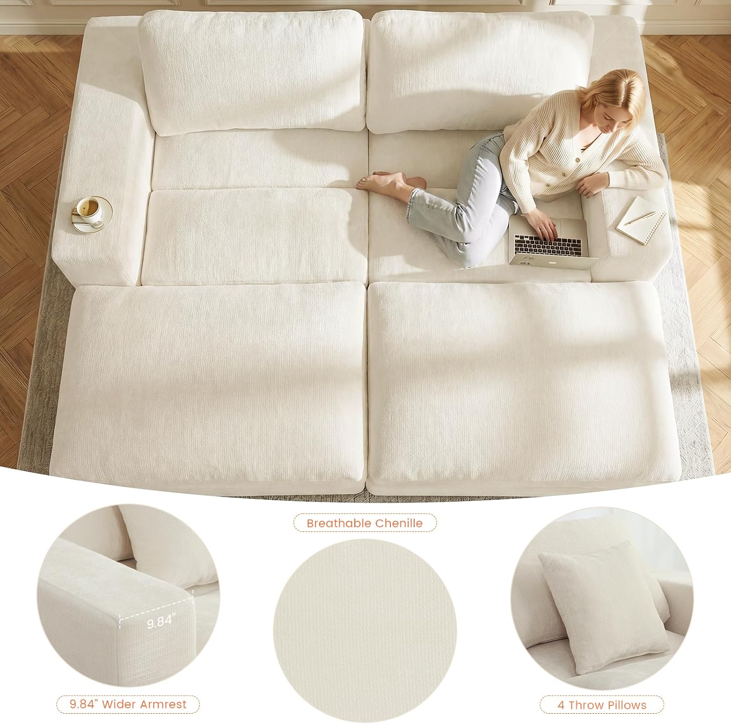 81" Oversized Double Chaise Lounge, Cloud Boneless Sofa Bed, Beige | 59" Deep Seat Couch, Modular Oversized Loveseat, Soft Cloud Sofa, 4 Pillows, 10" Wider Armrests, Chaise Lounge Chair Indoor
