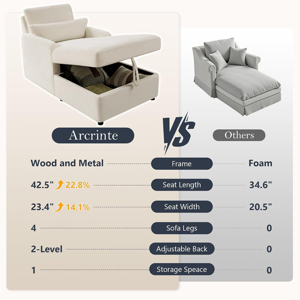 58" Oversized Chaise Lounge Chair with Storage, Chenille Beige