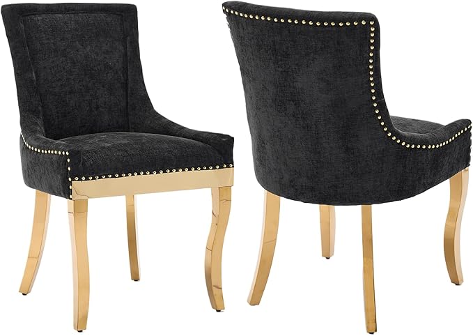 Dining Chairs Set of 2, Kitchen & Dining Room Chairs, Chenille Fabric Upholstered Dinning Chairs, Sillas De Comedor, Nailhead Trim, Metal Legs (Black, 2 Pcs)