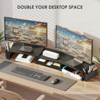 OPNICE Desk Organizers and Accessories, Dual Monitor Stand Riser with Drawer and 2 Pen Holders, Desk Shelf Metal Computer Racks for Office Workspace Organizers, Desktop Organization (Black)