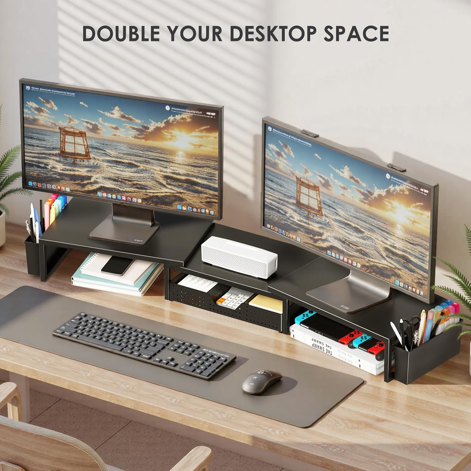 OPNICE Desk Organizers and Accessories, Dual Monitor Stand Riser with Drawer and 2 Pen Holders, Desk Shelf Metal Computer Racks for Office Workspace Organizers, Desktop Organization (Black)