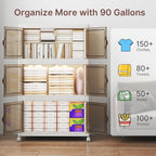 480Qt Stackable Storage Bins with Lids, 4 Pack Large Collapsible Bins with Wheels, Plastic Cabinet with Doors, Foldable Closet Organizers and Storage for Home, Dorm, Office, White