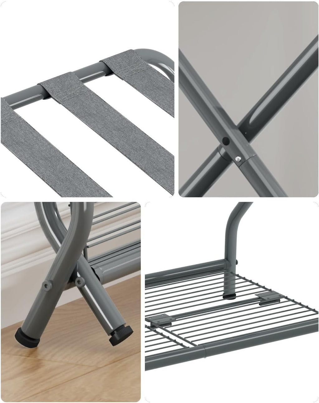 Set of 2 Foldable Gray Luggage Rack Stands with Storage Shelves – Heavy Duty Metal Suitcase Holders, 150 lbs Top, 50 lbs Bottom Each, Fits 20”-28” Luggage – Guest Room, Bedroom, Hotel LR-GY-2