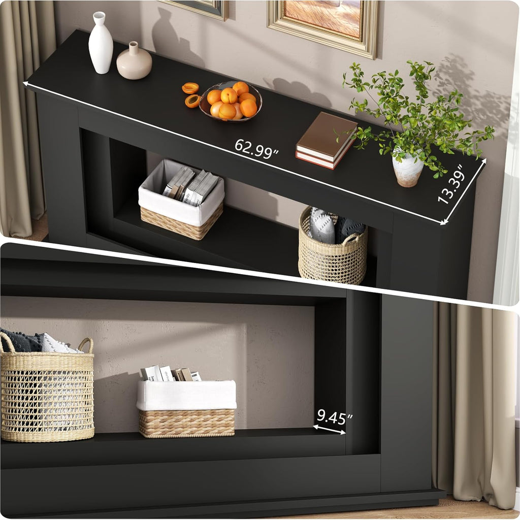 Loomie 63” Long Console Tables for Entryway, Narrow Long Entry Table with LED Lights, 2-Tier Sofa Table Behind Couch, Modern Hallway Accent Table for Living Room, Entrance (Black)