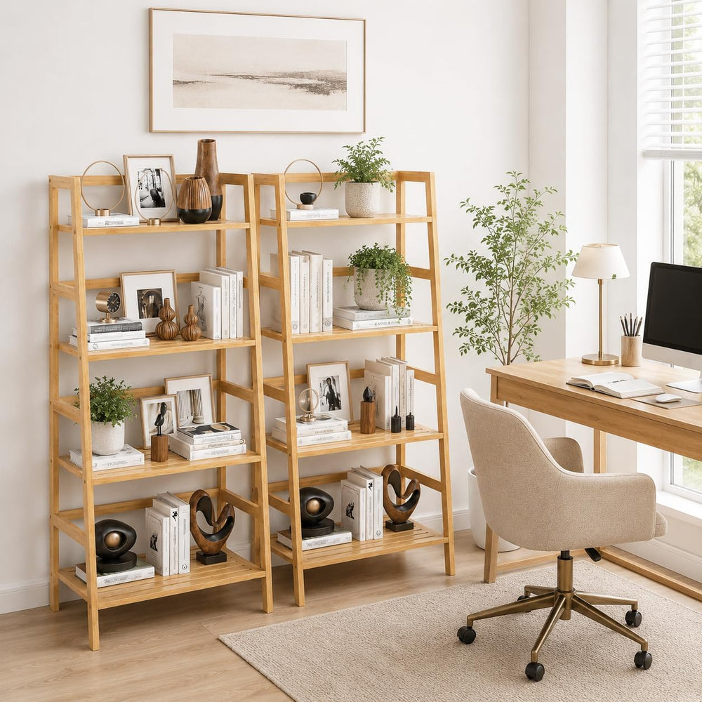 Bamboo Ladder Shelf, 4-Tier Wooden Ladder Bookshelf & Bookcase Organizer