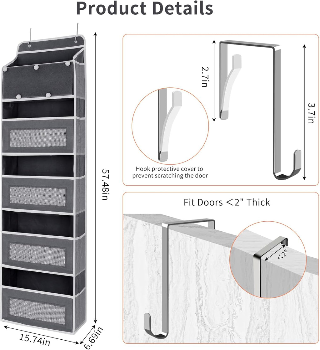Over the Door Organizer, Large Capacity 5 Shelfs Hanging Door Organizer with Pockets and DIY Slots for Toys, Shoes, Diapers, Clothes, Behind Door Storage for Closet Wall Bedroom Nursery Pantry, Gray