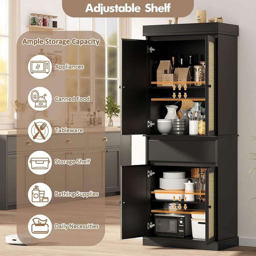 Tall Kitchen Pantry Cabinet - Rattan Doors, Adjustable Shelves, Freestanding ...