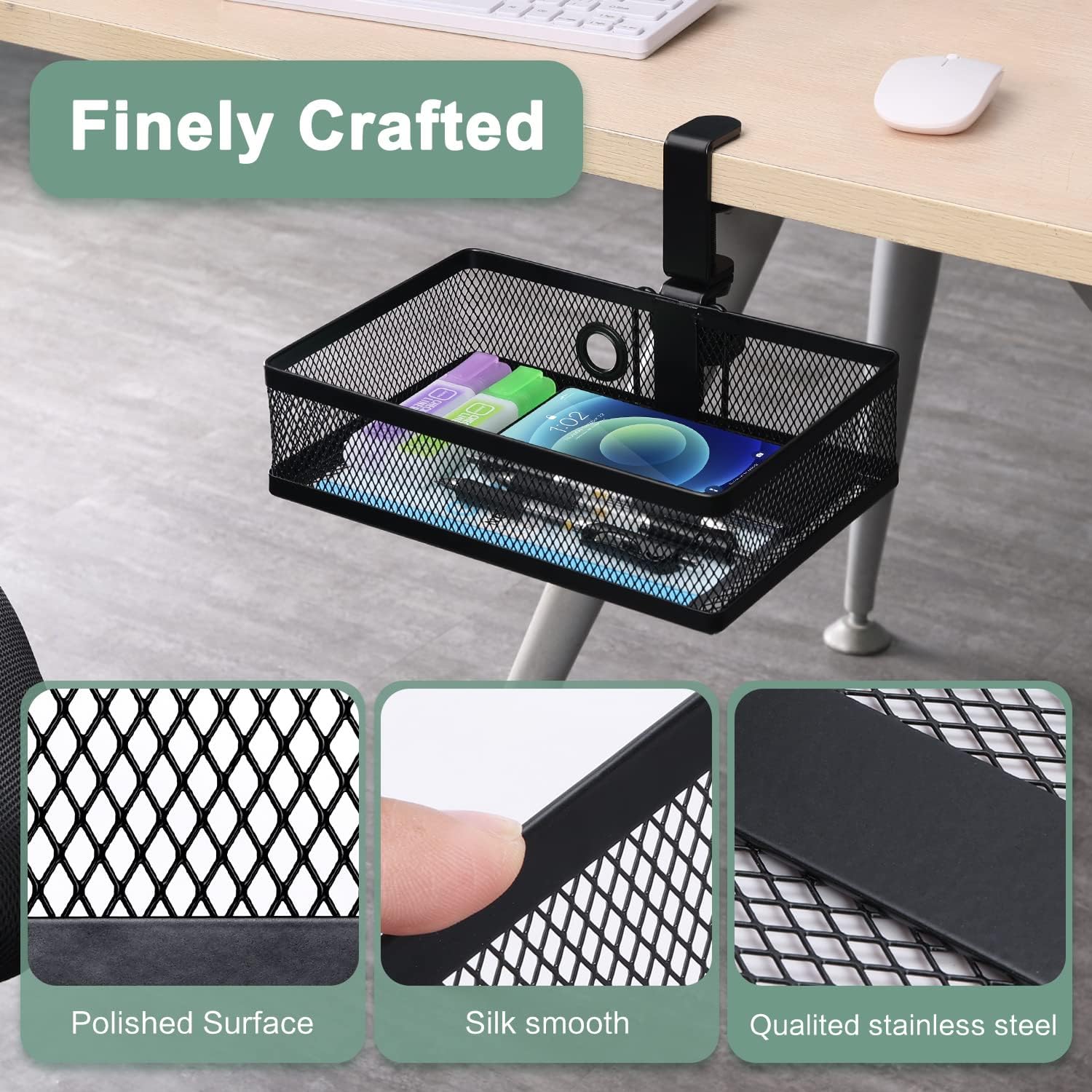 ROSLINE Under Desk Storage Organizer, Clamp on Drawer Basket, Hanging Storage, Mount Tray, Suitable for Multiple Scenes (Black)
