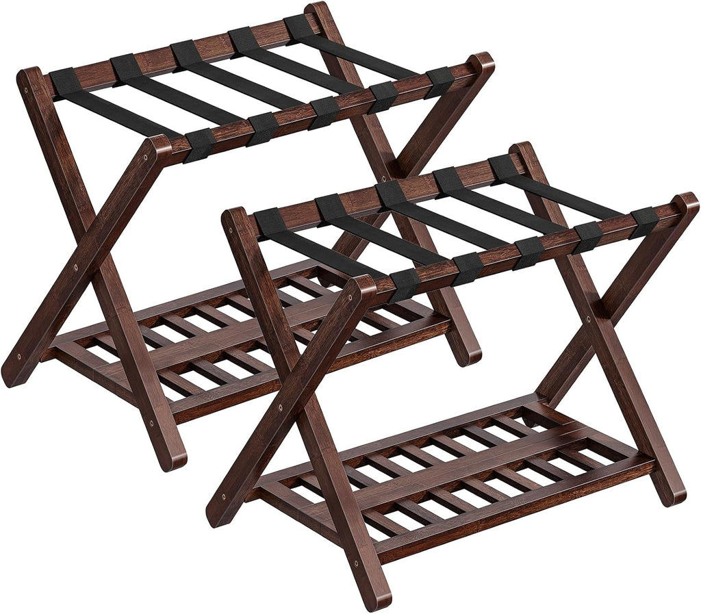 HOOBRO Luggage Racks, Set of 2 Bamboo Suitcase Stands, Folding Luggage Holders, Nylon Strap Support Top, for Guest Room, Hotel, Bedroom, Closet, Dark Brown BR18XLP201