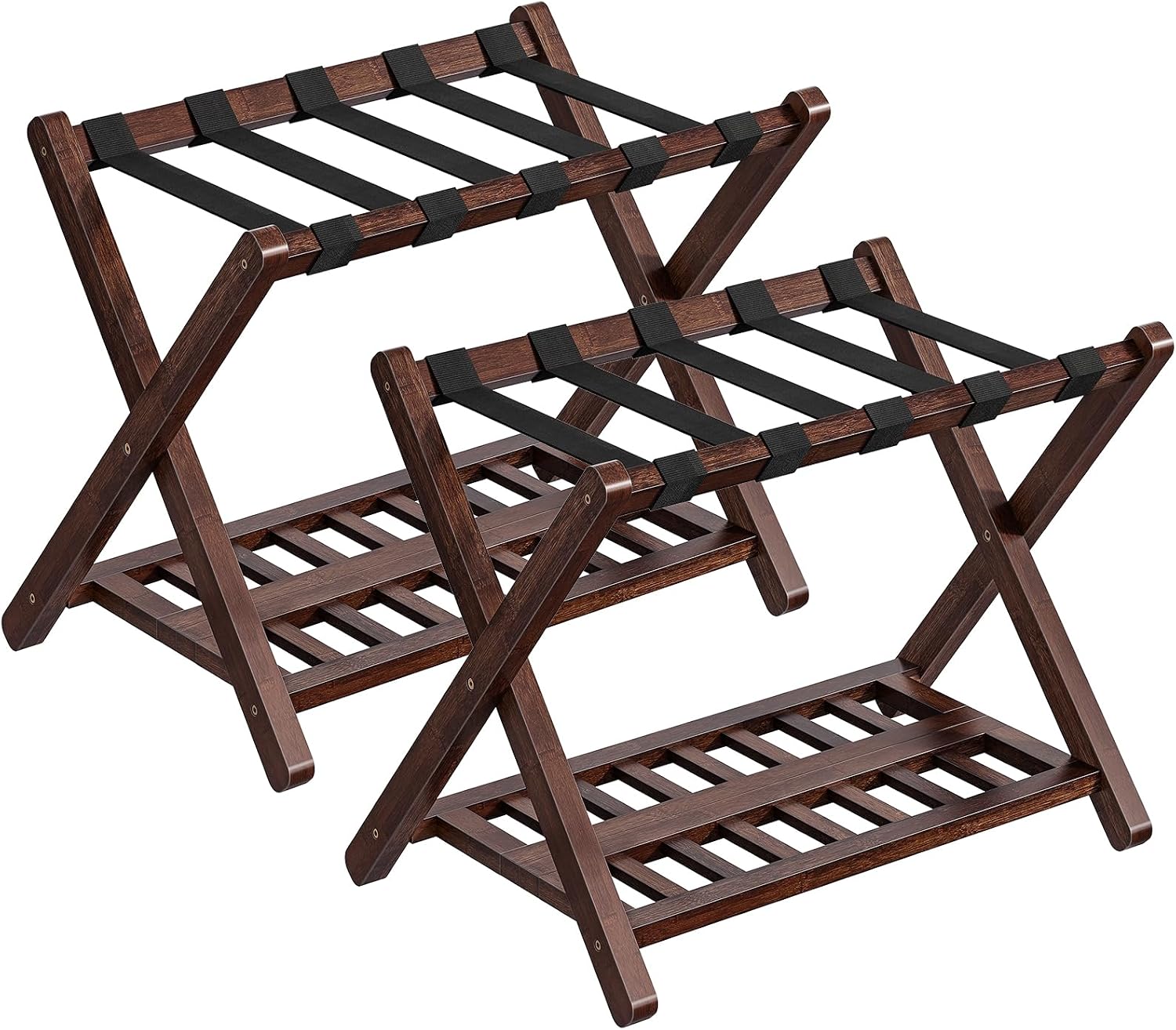 HOOBRO Luggage Racks, Set of 2 Bamboo Suitcase Stands, Folding Luggage Holders, Nylon Strap Support Top, for Guest Room, Hotel, Bedroom, Closet, Dark Brown BR18XLP201