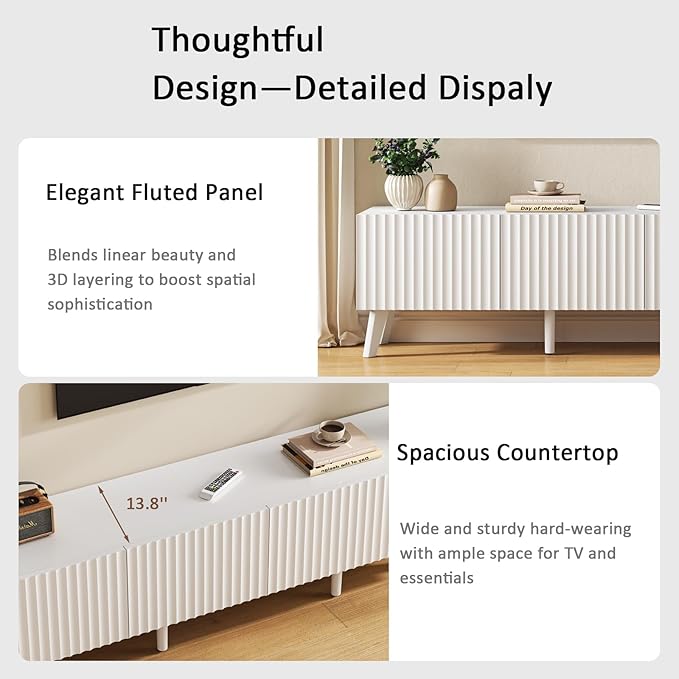 70.9” TV Stand for TVs up to 70,TV Console with Two Storage Compartments, Modern Entertainment Center with 6 Supporting Legs and Grooved Drawer Fronts, TV Stand for Living Room, Bedroom, White