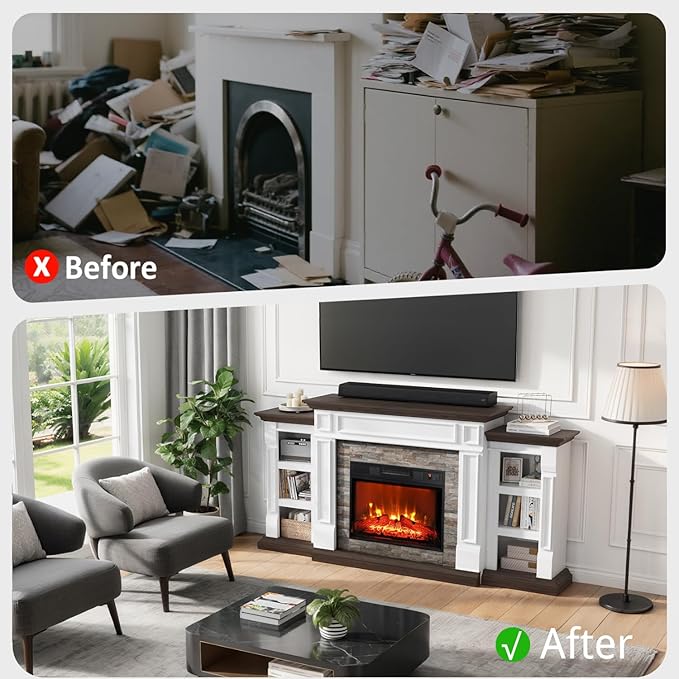 Naice 72" Electric Fireplace with Mantel and Cabinets, LED Light Fireplace TV Stand for TVs up to 80", 3D Realistic Flame Heater with Stacked Stone Surround for Living Room