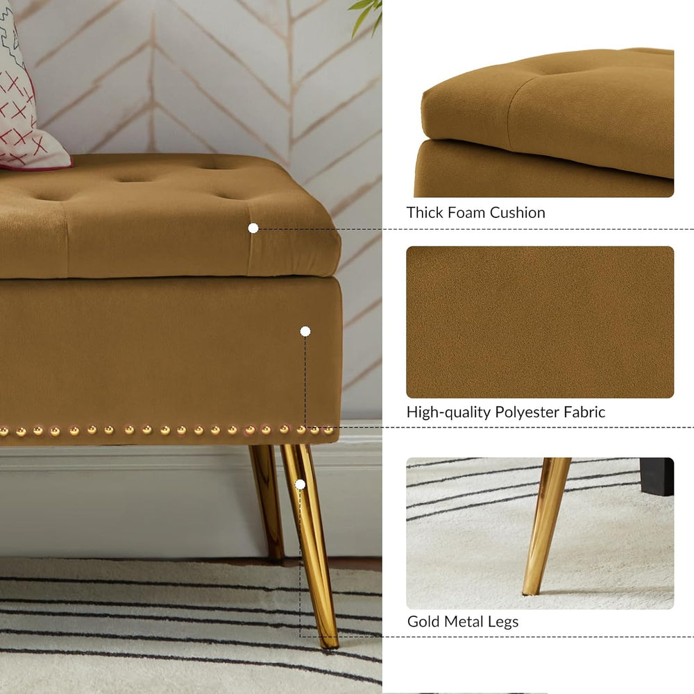 HULALA HOME Modern Velvet Storage Ottoman Bench with Gold Base & Nailhead...