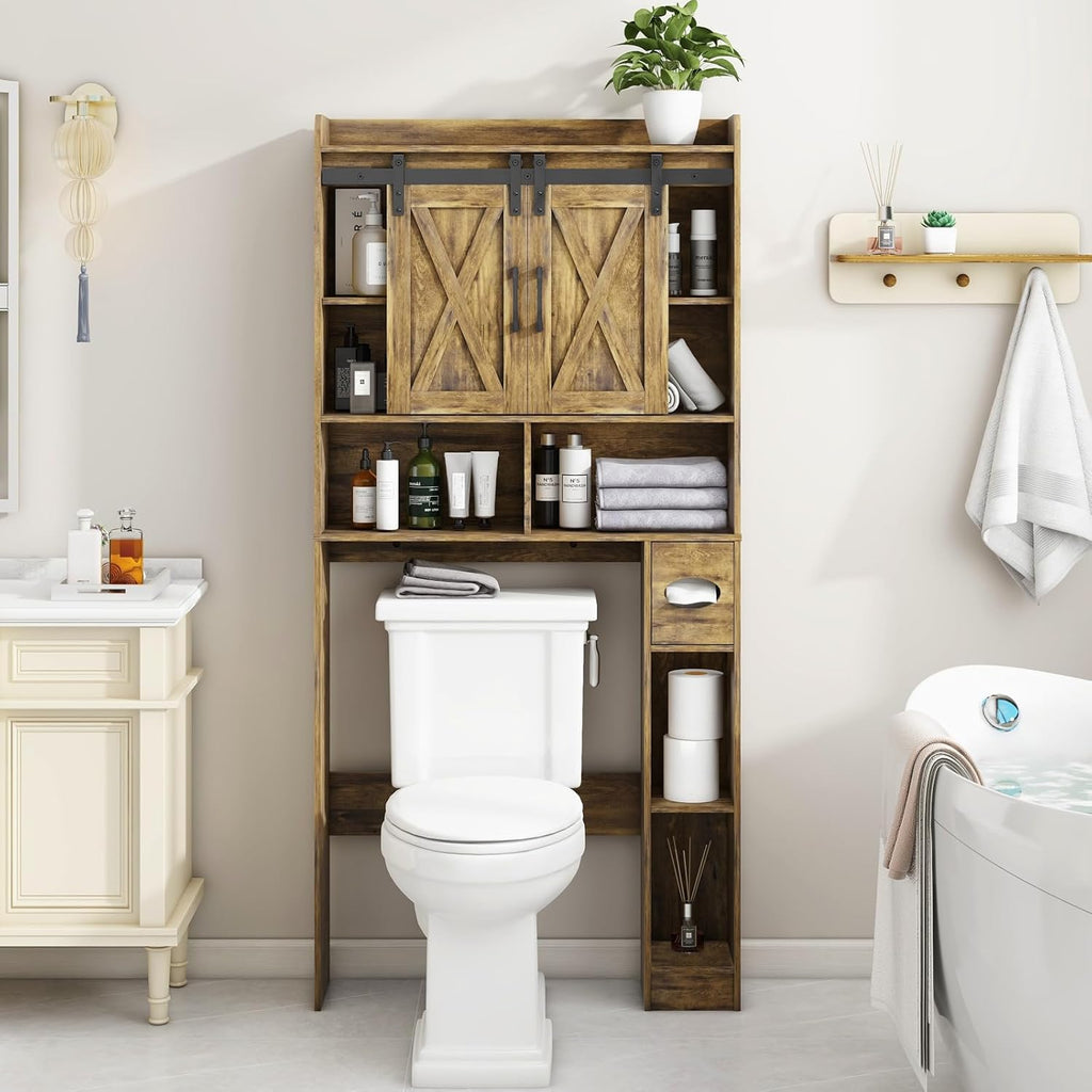 Vabches Over The Toilet Storage Cabinet, Farmhouse Storage Cabinet Over Toilet with Sliding Doors & Toilet Paper Holder Stand，Home Space-Saving Toilet Rack, for Bathroom, Restroom, Laundry