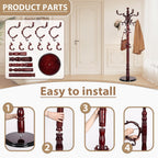 Solid Wooden Coat Rack Stand, Coat Racks Freestanding with 14 Hooks, Natural Birch Wood Coat stands with Sturdy Round Base, tree Coat Hanger Standing for Entryway Bedroom Office (Redwood disc)