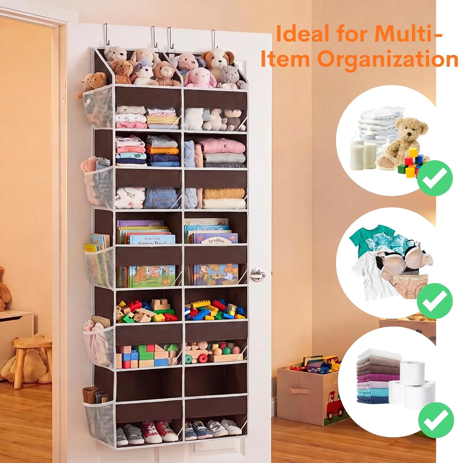 Over the Door Organizer 5 Tiers, Extra Large Behind Door Storage of 10 Compartments, 80 lbs Weight Capacity Over Door Organizer, Door Hanging Organizer for Closet, Diaper Organizer (Brown)