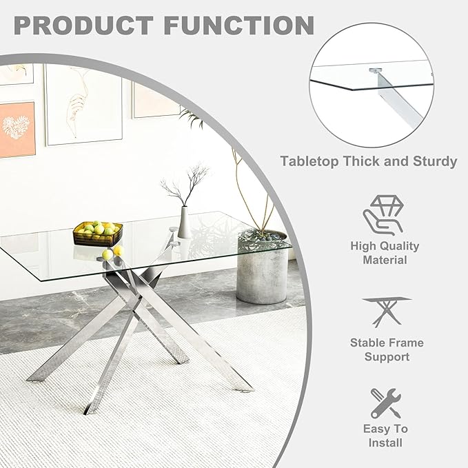 51 Inch Glass Dining Table Set for 4, Rectangular Glass Kitchen Table with 4 Upholstered Velvet Accent Chairs, 5 Piece Modern Dining Room Set, for Home, Apartment, Small Spaces - Grey Silver