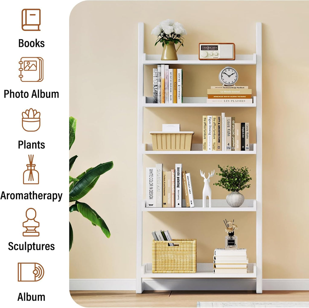 CozyDH Wooden Ladder Shelf, White Ladder Bookshelf Narrow 5-Tier,Ladder Shelf Bookcase Storage for Living Room, Bedroom, Home Office,23.6''Dx15.7''Wx55.1''H