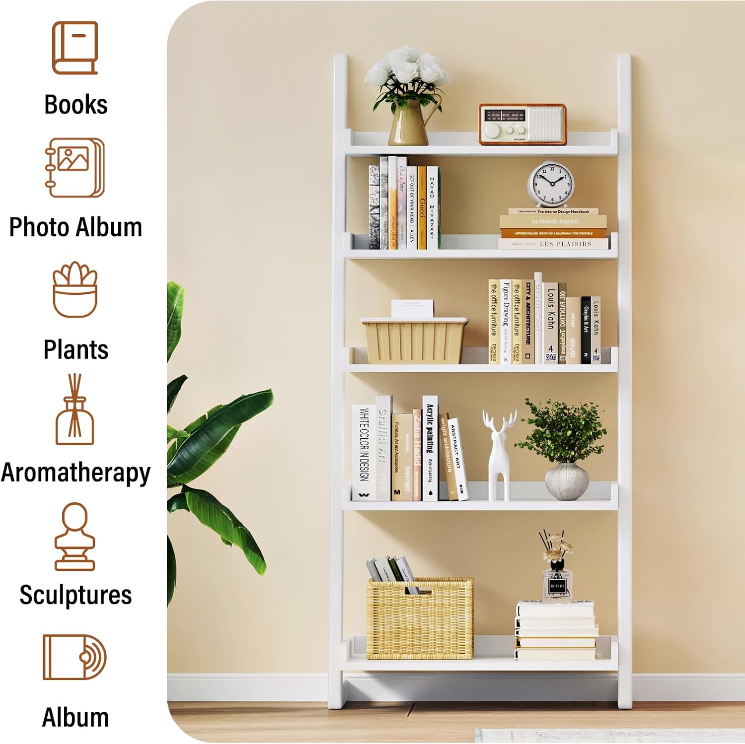 CozyDH Wooden Ladder Shelf, White Ladder Bookshelf Narrow 5-Tier,Ladder Shelf Bookcase Storage for Living Room, Bedroom, Home Office,23.6''Dx15.7''Wx55.1''H