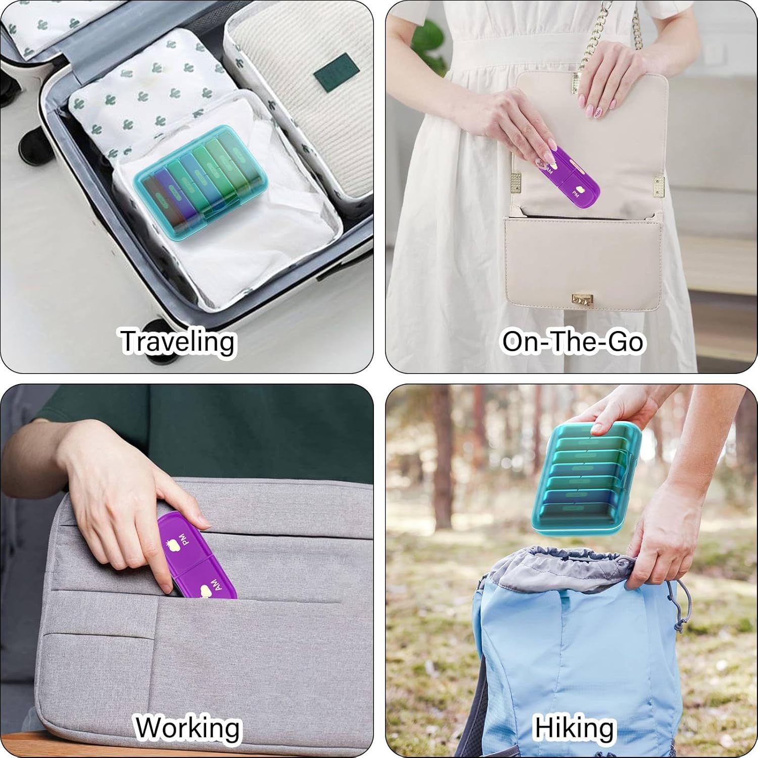 Weekly Pill Organizer 2 Times a Day, 7 Day Pill Box 2 Times, Portable for Travel Pill Case for Pills/Vitamin/Fish Oil/Medication/Supplements (2x7 Blue+Rainbow)