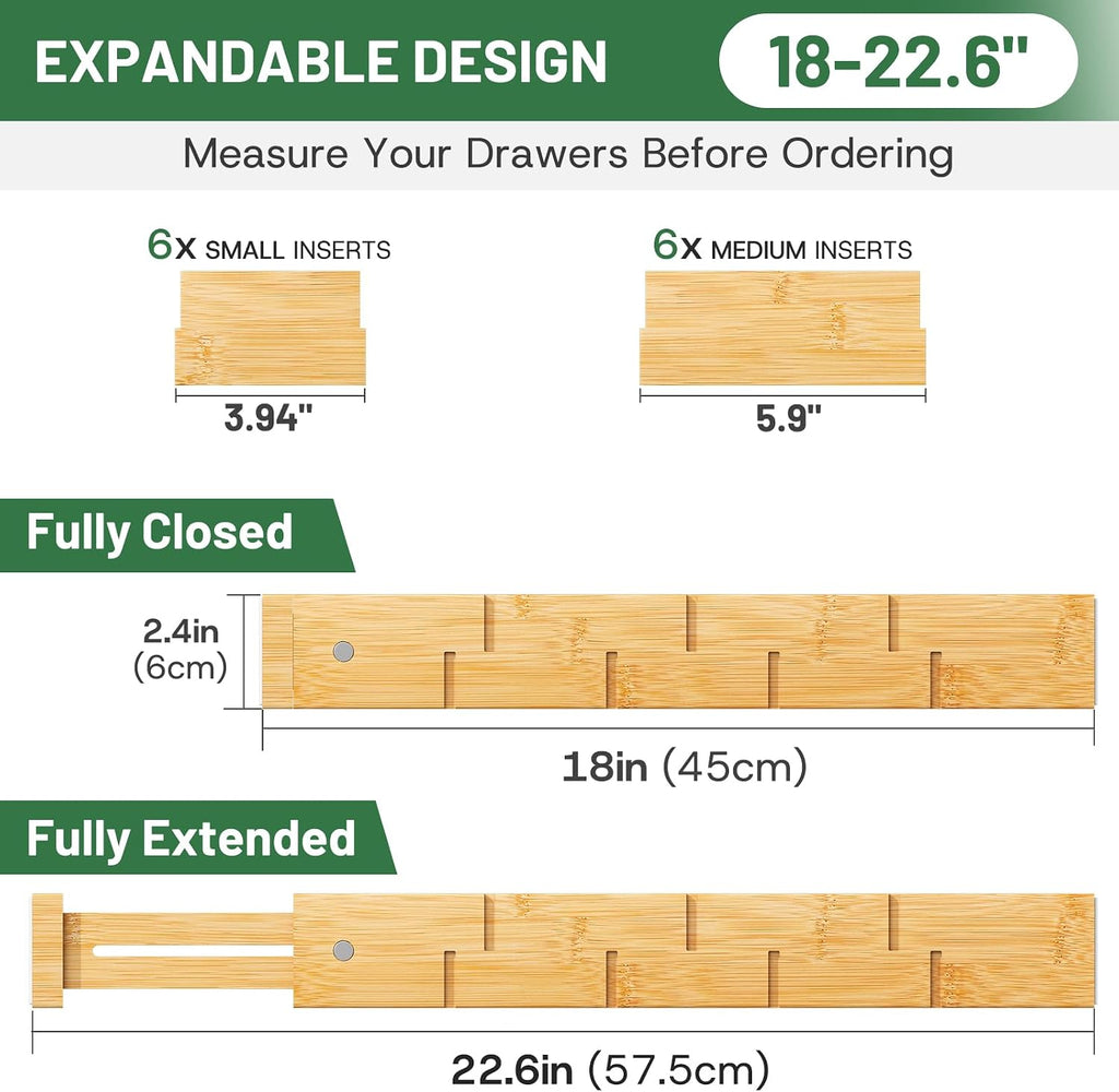 kiplant Bamboo Drawer Dividers - Adjustable Drawer Dividers for Kitchen, Clothes, Closet & Office - 6 Pack with Inserts, 18-22.6 Inches, Non-Slip Silicone Ends