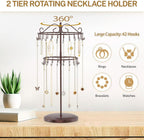 iDavosic.ly 2 Tier Rotating Necklace Holder Organizer with 42 Hooks, Adjustable Metal Bracelet Display Stand Rack, Extra Tall Keychain Spinning Tree Tower for Women, Espresso Brown