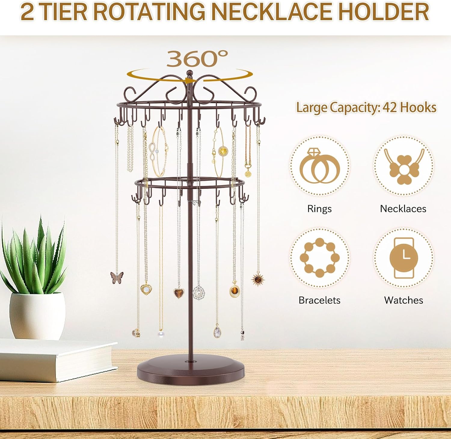 iDavosic.ly 2 Tier Rotating Necklace Holder Organizer with 42 Hooks, Adjustable Metal Bracelet Display Stand Rack, Extra Tall Keychain Spinning Tree Tower for Women, Espresso Brown