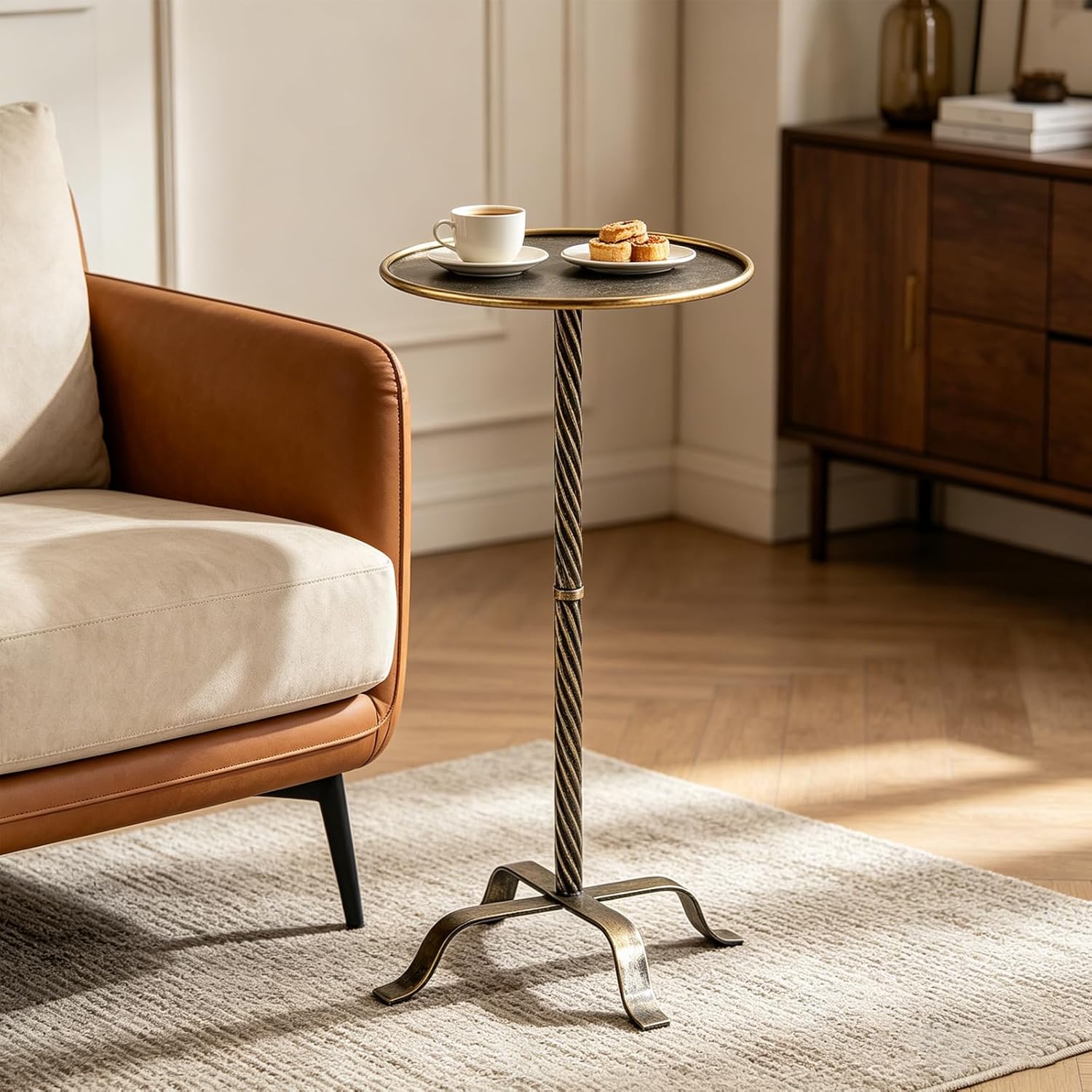 Metal Martini Table, Modern Antique Gold Side Table with 4 Legs, 27.75" Small Round Drink Table for Small Spaces Living Room Sofa Couch Patio