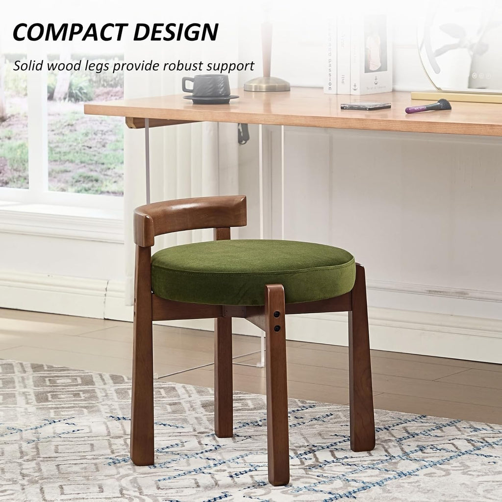HEAH-YO Wood Vanity Chair with Back, Velvet Upholstered Small Ottoman Footstool, Mid-Century Modern Makeup Chair with Solid Wood Legs for Makeup Room Bedroom Living Room, Green
