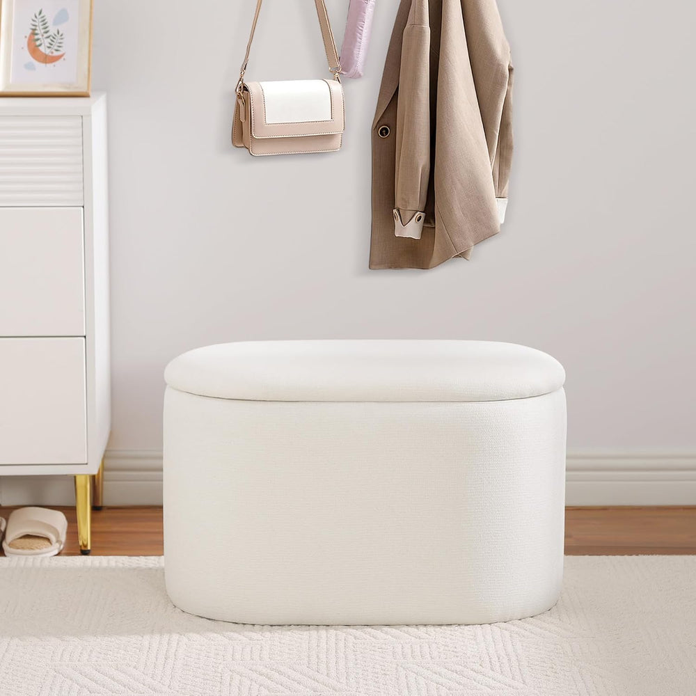 Oval Ottoman with Storage for Living Room, Modern Linen Fabric Foot Stools Ot...
