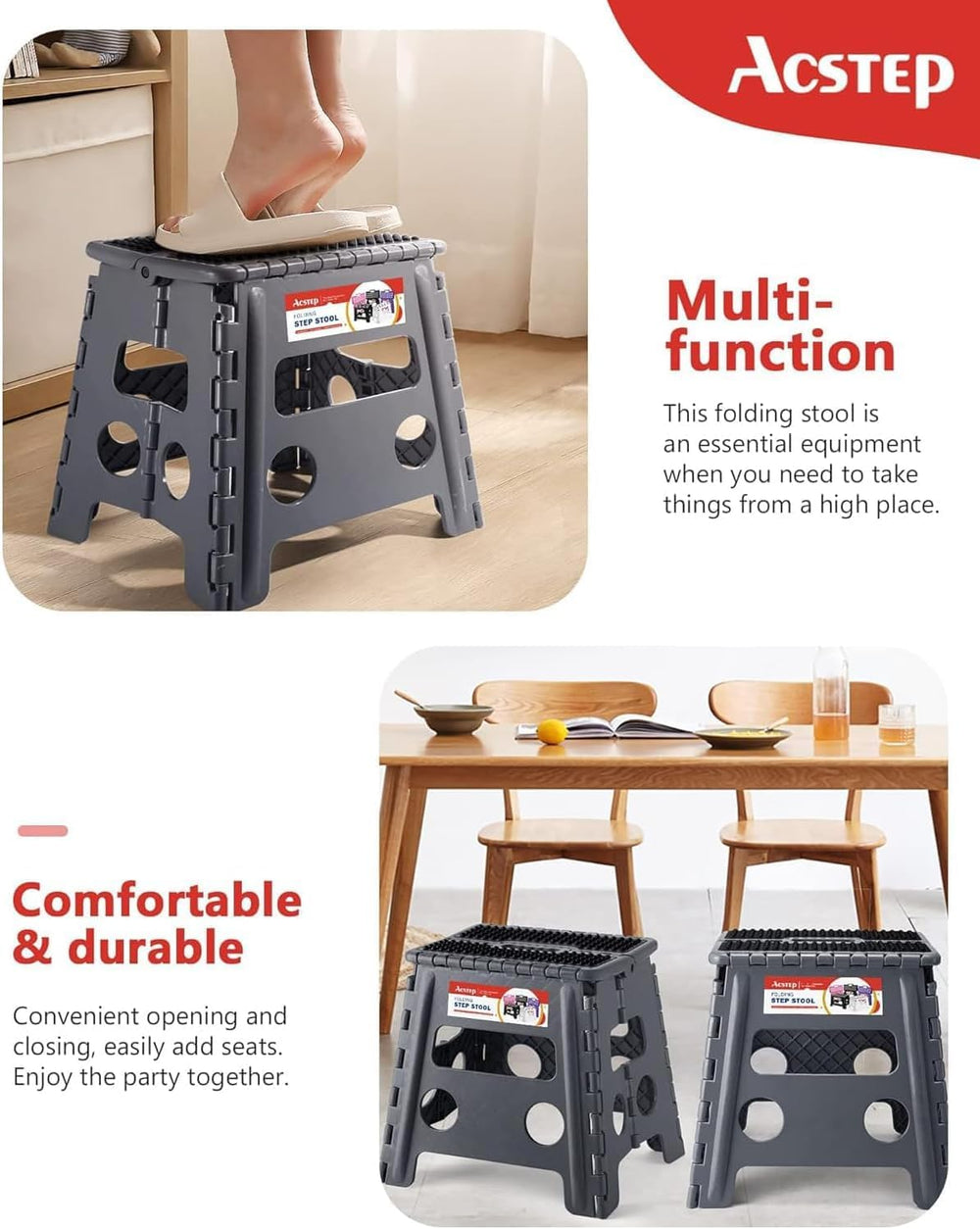 13 Inch 10 Pack Non-Slip Folding Step Stool for Adults, Dot Gray