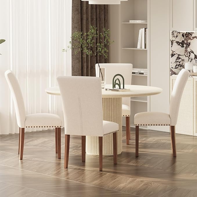 Stylish Dining Chairs Set of 4, Upholstered Parsons Dining Room Chair with Nailhead Trim, Kitchen Room Chair with Thick Cushions and Wood Legs, Nailhead Trim, Beige