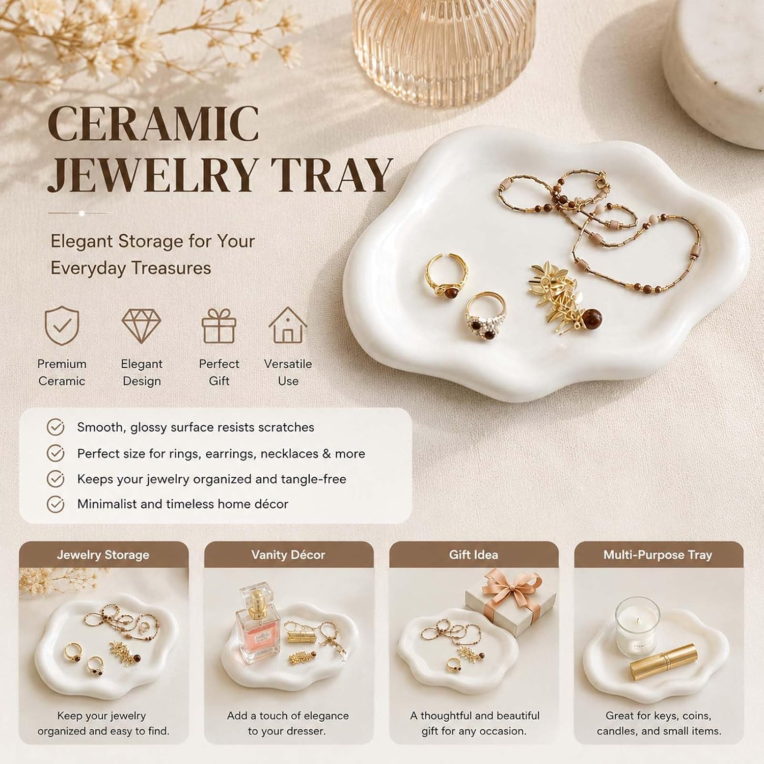 Gifts for Mom White Ceramic Jewelry Dish Tray, Vanity Ring Dish Ceramic Jewlery Trays Trinket Ring Holder, Room Decor Aesthetic,Decorative Cloud Vanity Key Tray Present for Wife Mom Daughter (Cloud)
