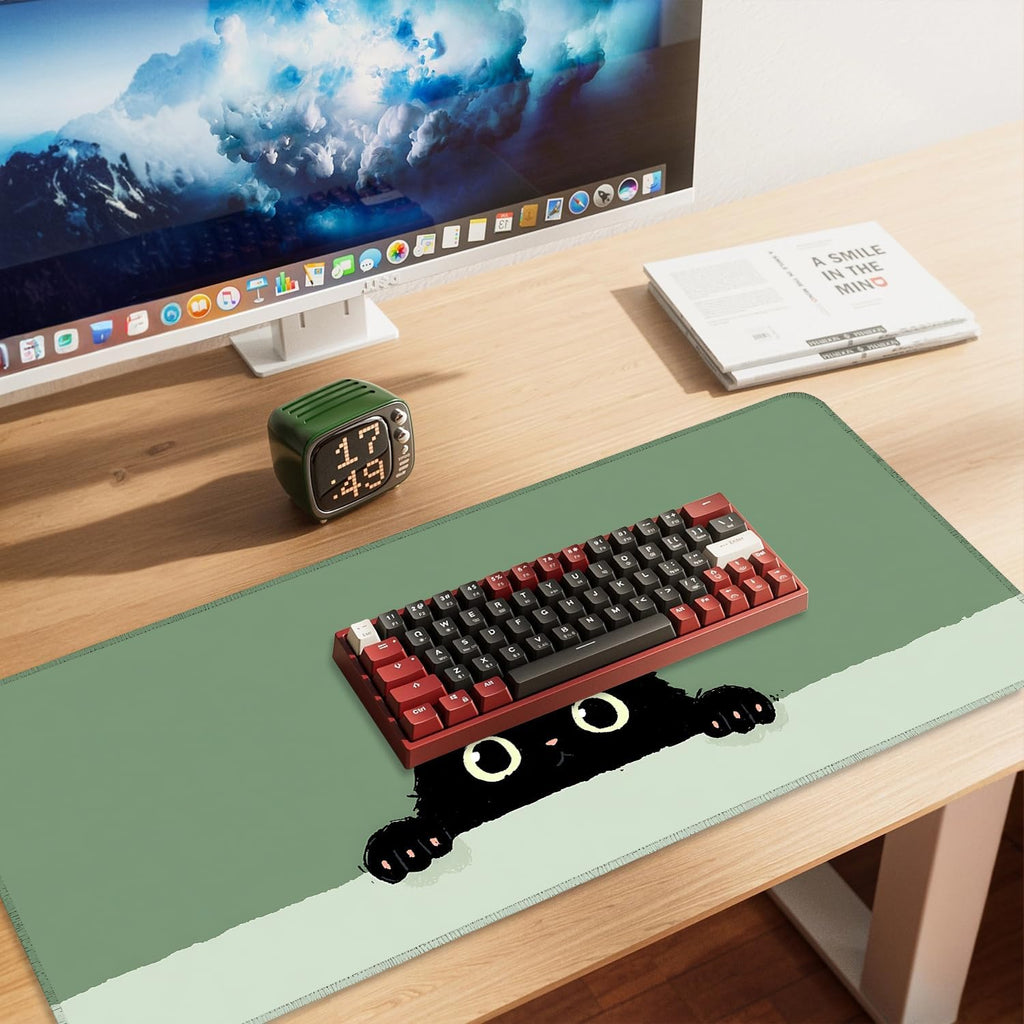 Cute Black Cat Large Mouse Pad – Extended Desk Mat 35.43 x 15.75 in – Kawaii Kitty Peeking Over Edge, Green Background, Non-Slip Rubber Base, Waterproof Keyboard & Mouse Pad for Office or Gaming