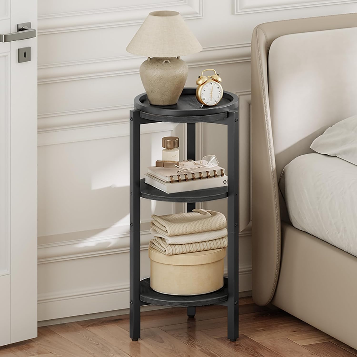 HOOBRO Small Round Side Table, 3-Tier Tall Coffee Drink Table for Sofa Couch, 28.7" H Slim Nightstand, Circle Accent End Table for Living Room, Corner, Bedroom, Black BB182BZ01