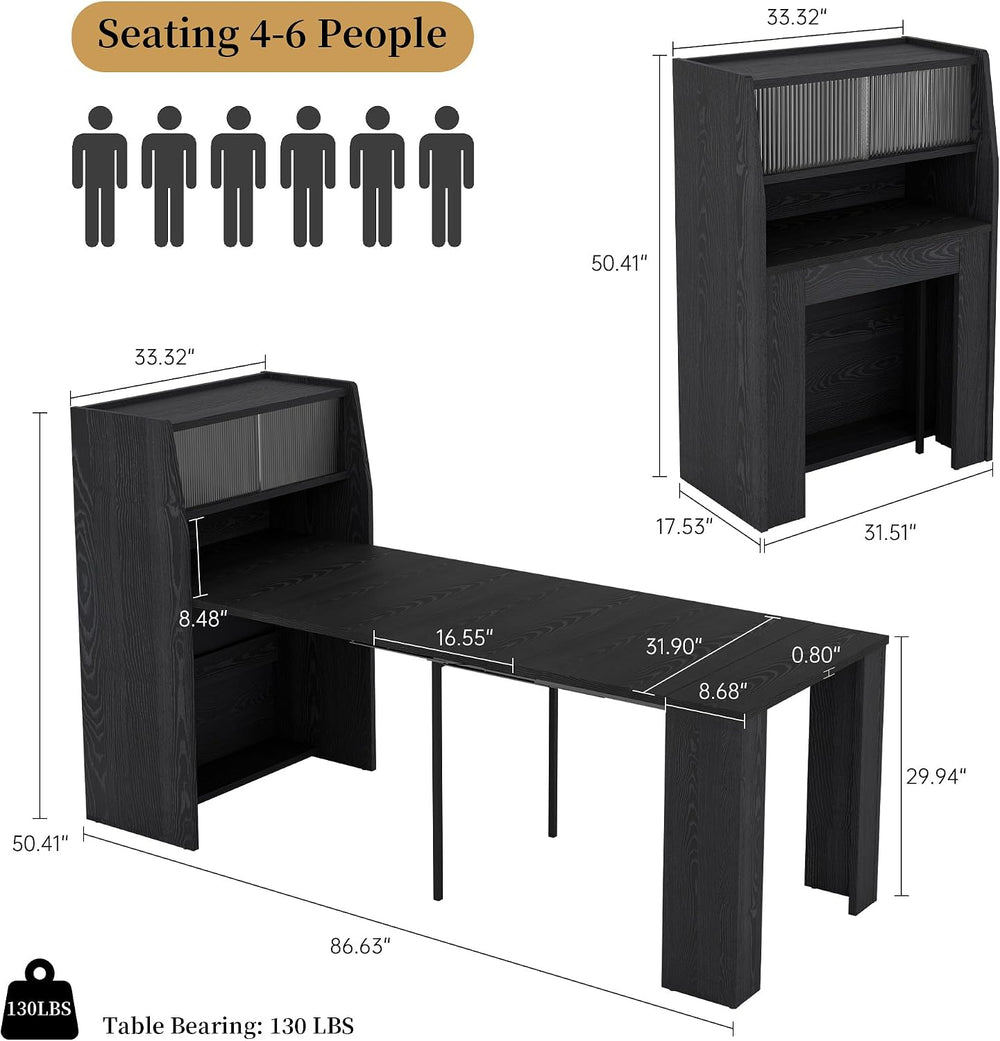 HIPIHOM 86.6" Extendable Dining Table for 4-6, MDF, Storage Cabinet | Re...