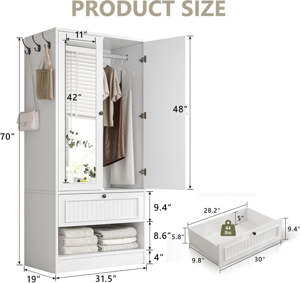Feonase Armoire Wardrobe Cabinet with Mirror and Drawer, 70" 2-Door Wood...