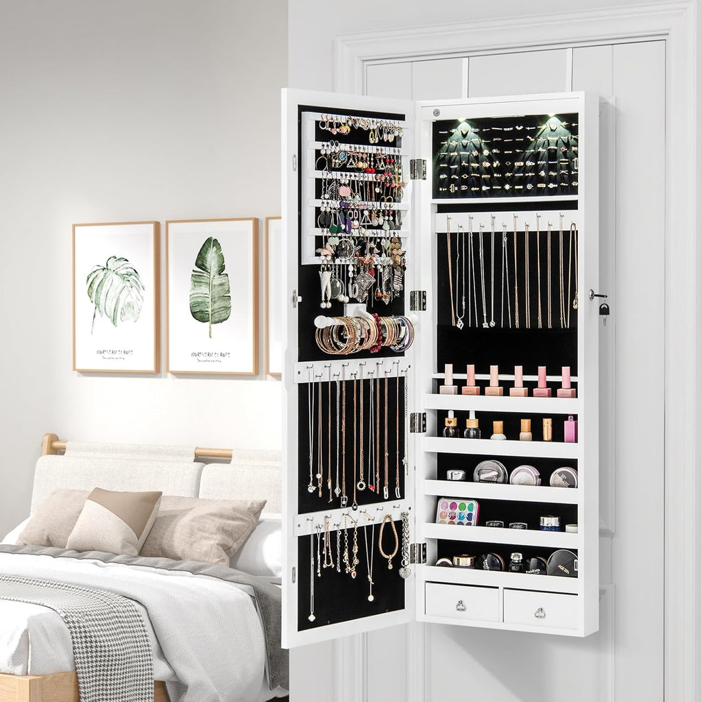 Giantex Jewelry Armoire Wall Door Mounted, Lockable Jewelry Cabinet with 42.5'' Full Length Mirror, 2 LEDs Jewelry Organizer Box with 2 Drawers, Mirror with Jewelry Storage (White)