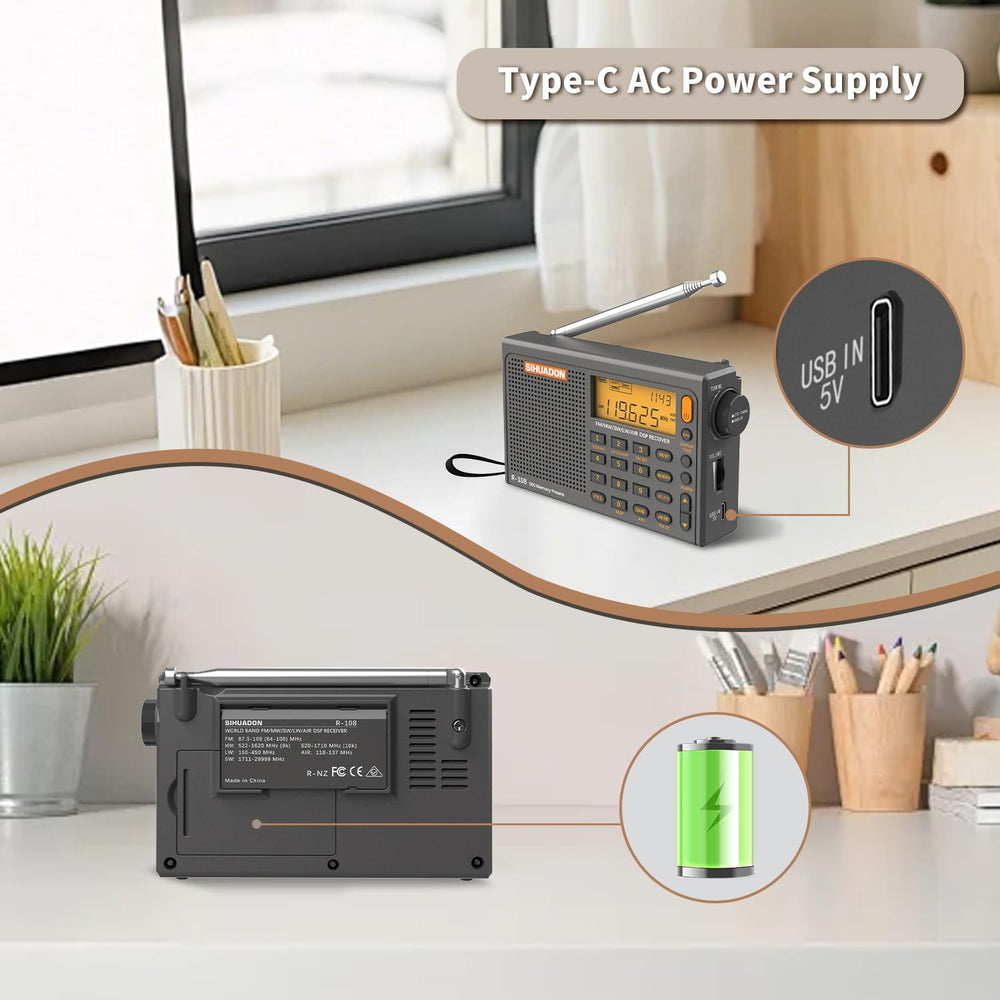 SIHUADON R-108 Portable Radio AM FM SW LW Airband, Small Retro Emergency Radi...