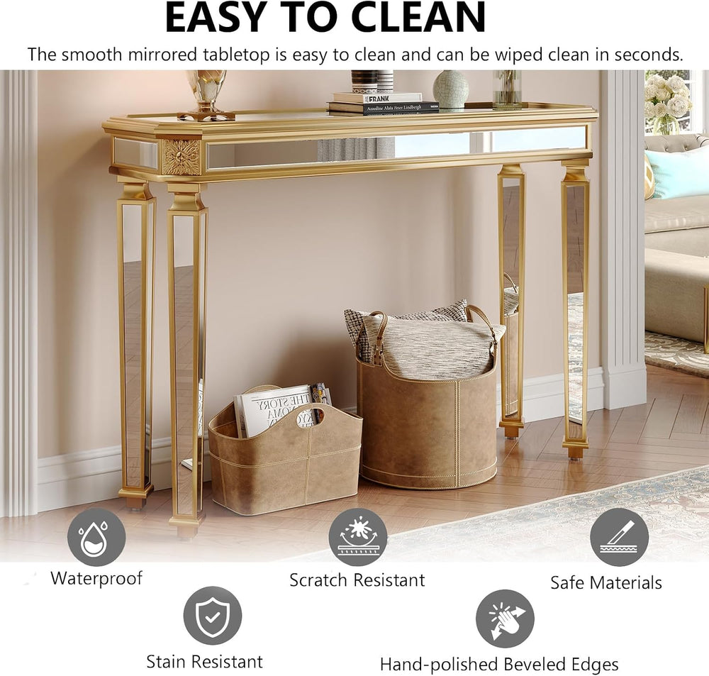 Gold Mirrored Console Table, 48" Rectangle Glass Sofa Table with Mirrore...