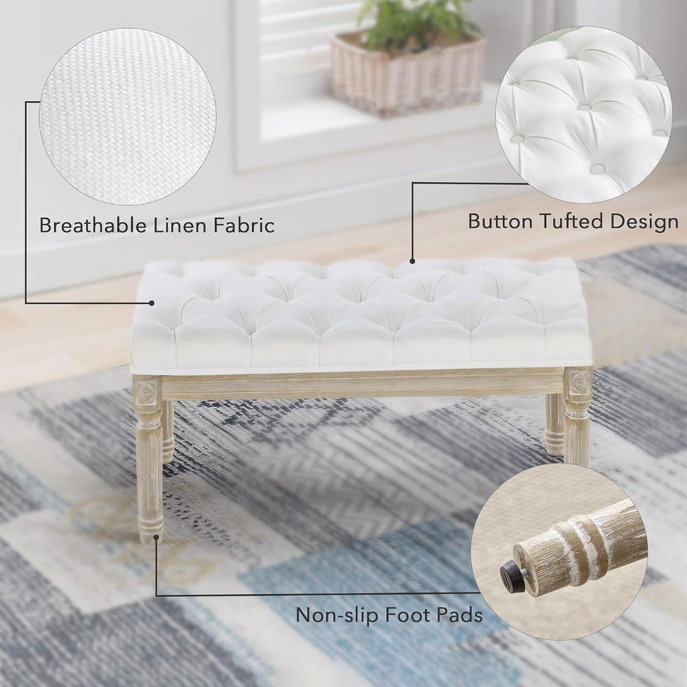LOULENS French Vintage Bench, Linen Fabric Entryway Bench, Upholstered Tufted...