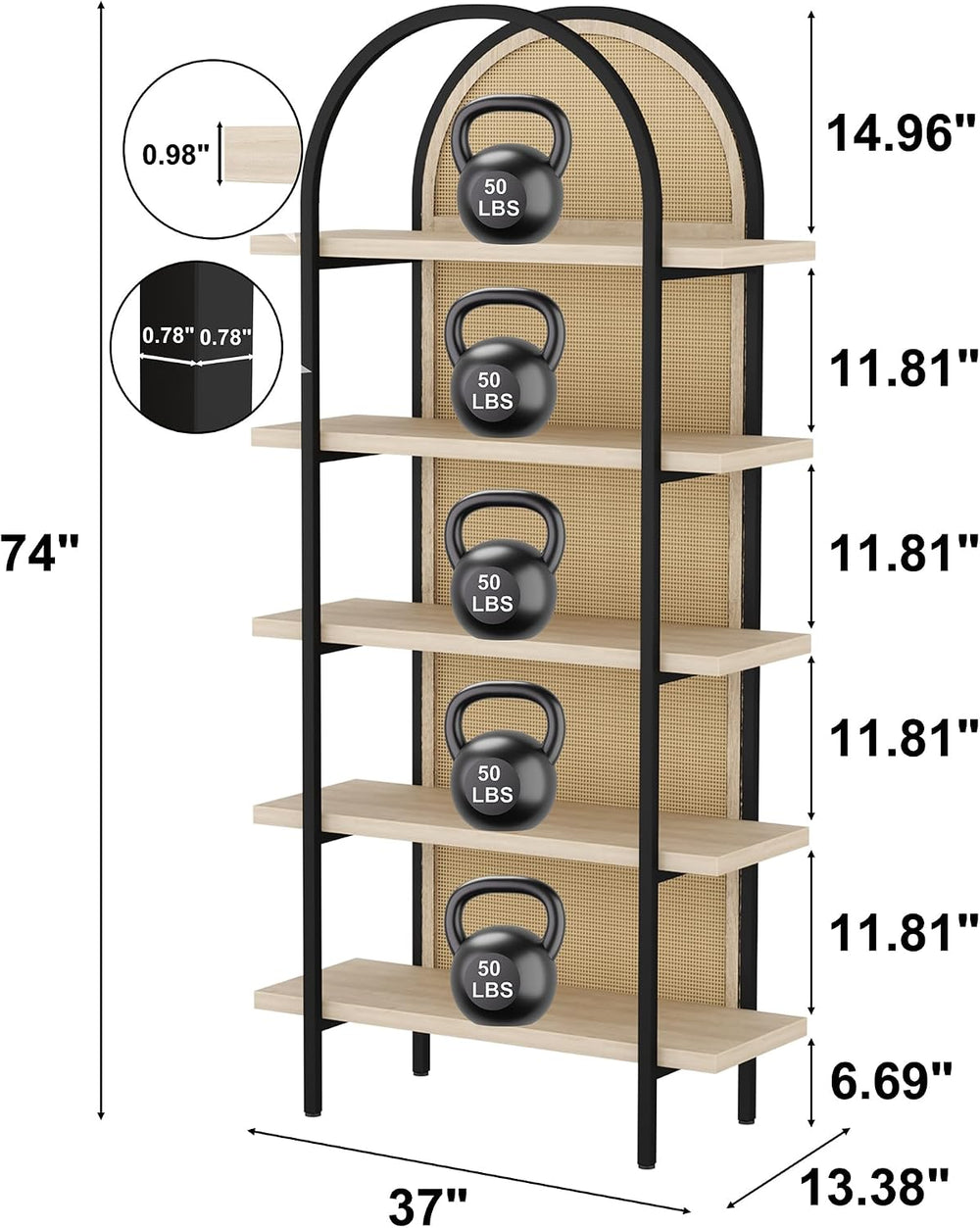 Yusong Bookshelf Rattan 5 Tier Arched Bookcase, 74" Tall Industrial Open...