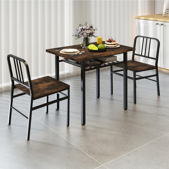 GOFLAME 3-Piece Dining Table Set for 2, Wooden Rectangular Kitchen Table and 2 Chairs with Storage Rack and Metal Frame, Space-Saving Dinette Set for Dining Room, Apartment, Small Space, Rustic Brown