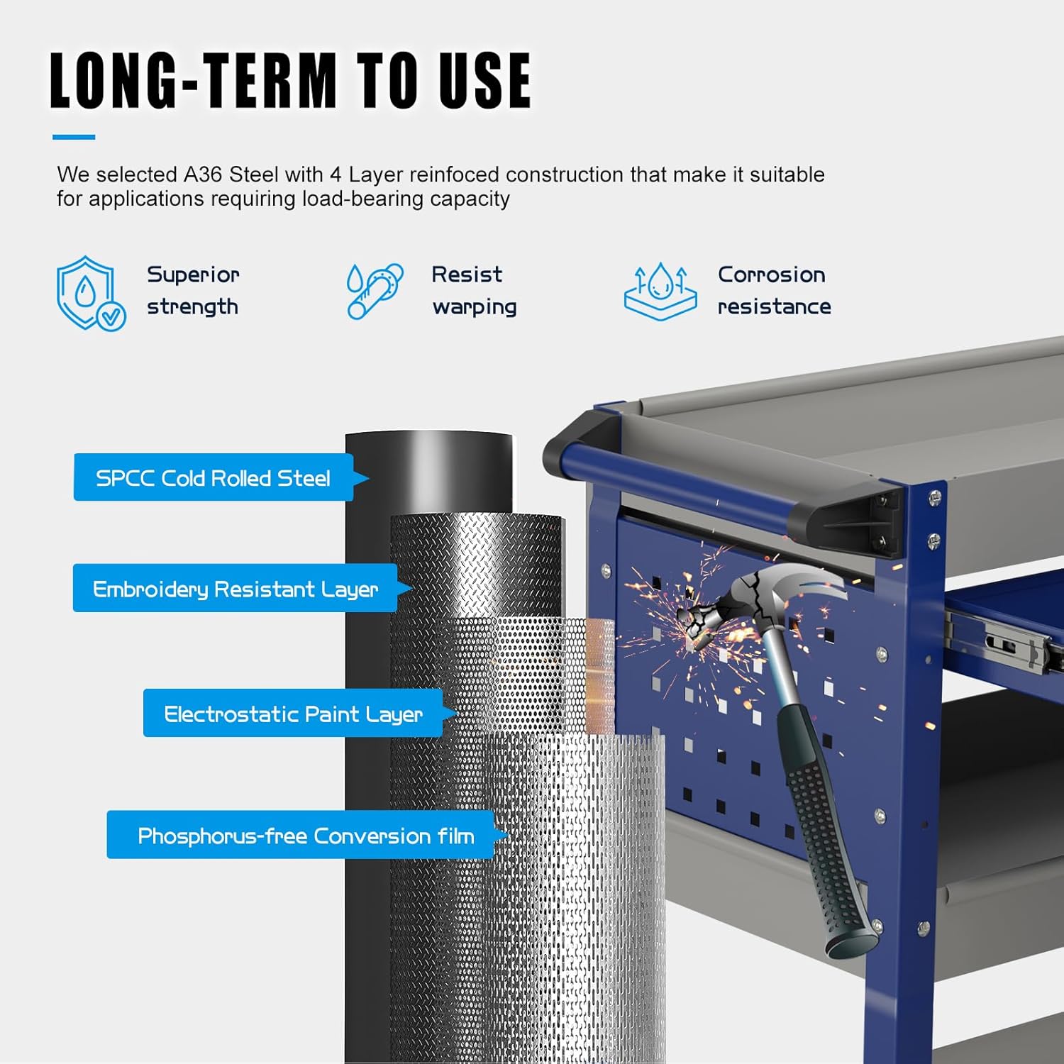Heavy Duty 3 Tier Tool Cart, Mechanic Metal Rolling Tool Cart with Storage Drawers for Garage Workshop