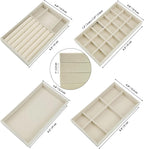 8 Pack Jewelry Organizer for Drawer, Necklace Velvet Storage Display Tray, Stackable Insert Divided Holder for Bracelet Rings Earring Brooch Watch, Beige 4 Styles