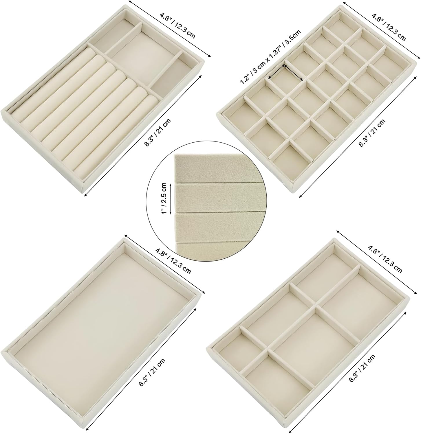 8 Pack Jewelry Organizer for Drawer, Necklace Velvet Storage Display Tray, Stackable Insert Divided Holder for Bracelet Rings Earring Brooch Watch, Beige 4 Styles