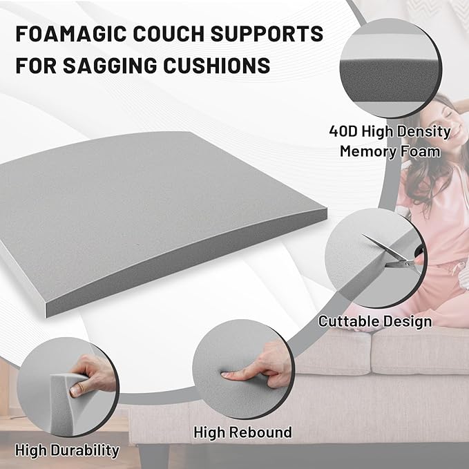 Couch Cushion Support for Sagging Seat – 3 Pack 20x20x3.15 Inch Sofa Cushion Board Saver & Replacement Insert for Saggy Couch or Chair, Quick No-Tool Install with 40D Memory Foam