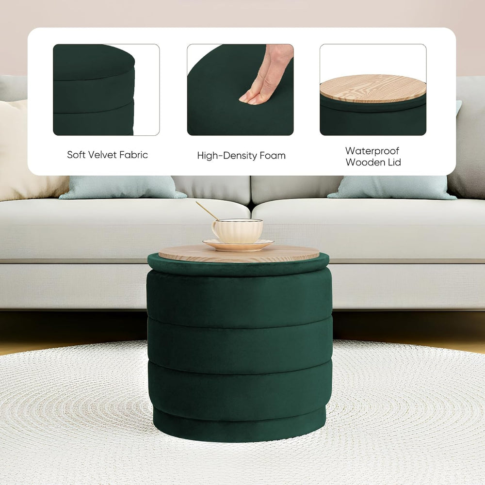 15.4" Round Velvet Storage Ottoman with Reversible Lid, Upholstered Circ...